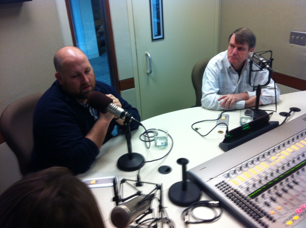 From left, Chad Garland and Len Downie Jr. talk to It's All Journalism about the News21 project: Back Home — The Enduring Battles Facing Post 9/11Veterans.